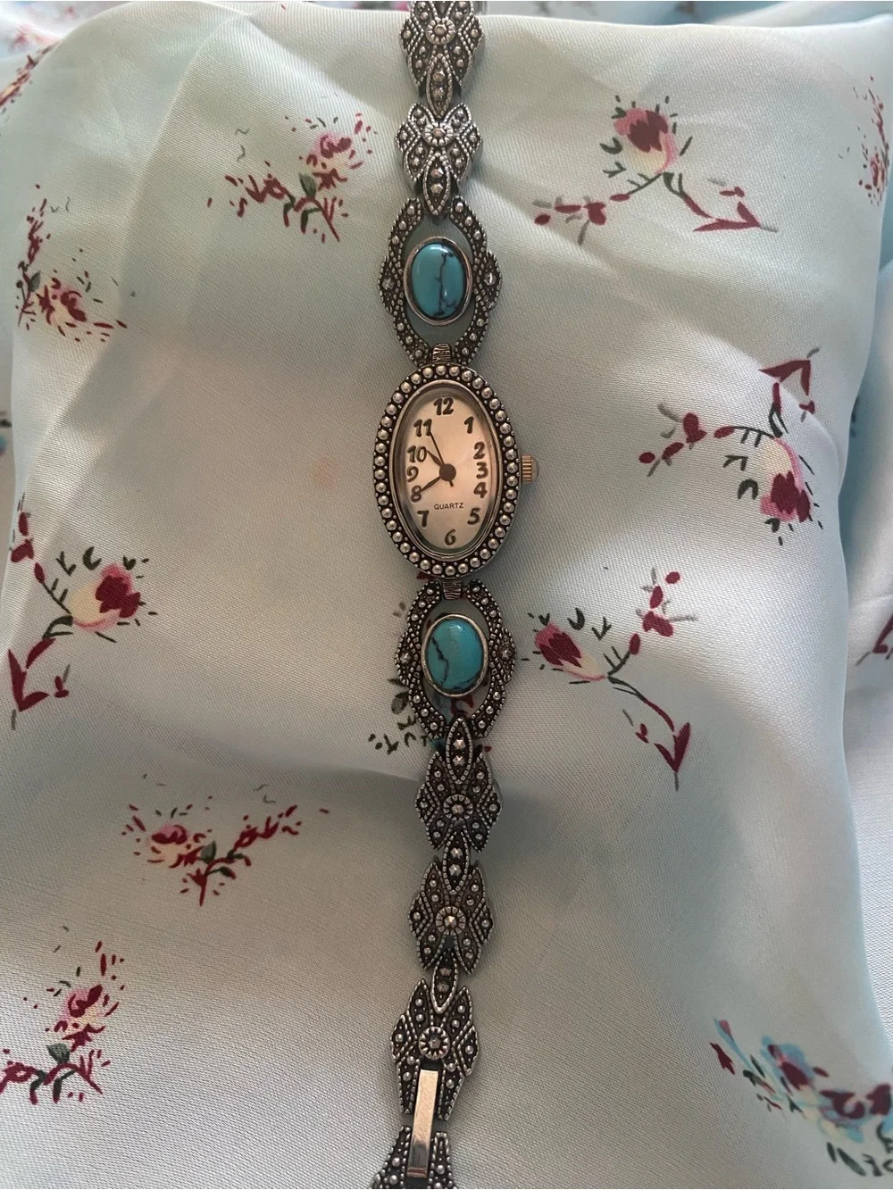 Vintage Western Style Silver-Tone Turquoise Accent Watch Bracelet - Works!